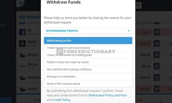 Chọn một lý do để rút tiền từ eToro