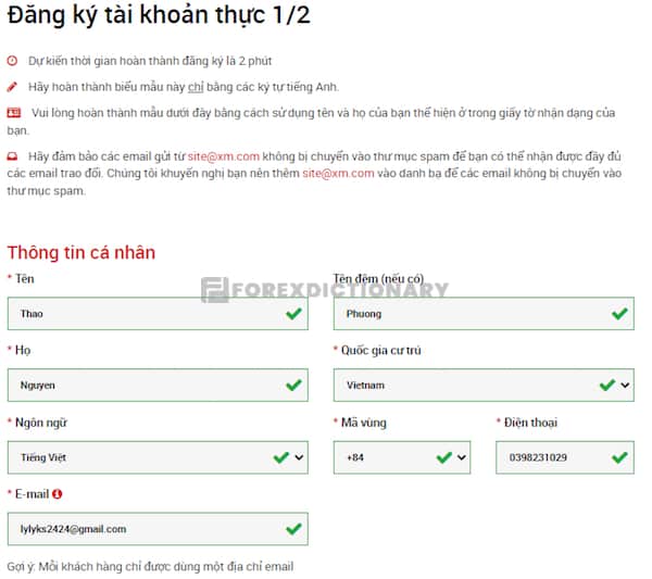 Điền thông tin cá nhân khi đăng ký tài khoản thực 1/2
