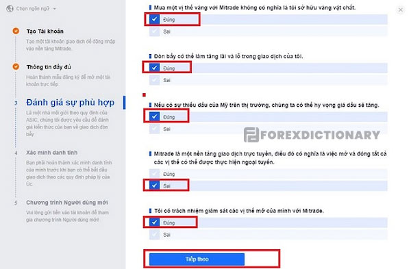 Làm bài kiểm tra khi Đăng ký tài khoản MiTrade