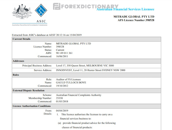 Giấy phép ASIC của MiTRADE