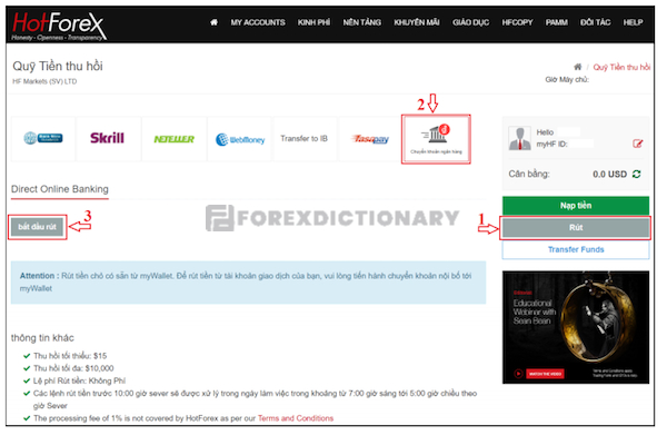 Bắt đầu thực hiện các thao tác rút tiền tại HotForex