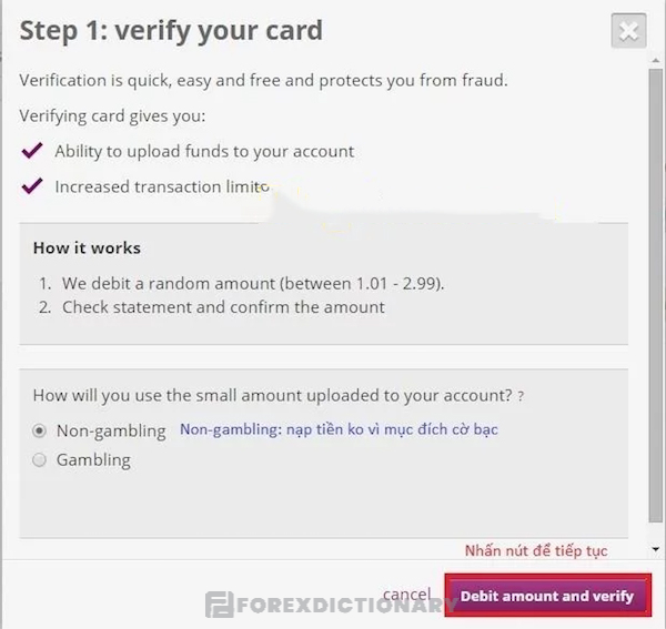 Lựa chọn Debit Amount and Verify để tiếp tục xác thực tài khoản