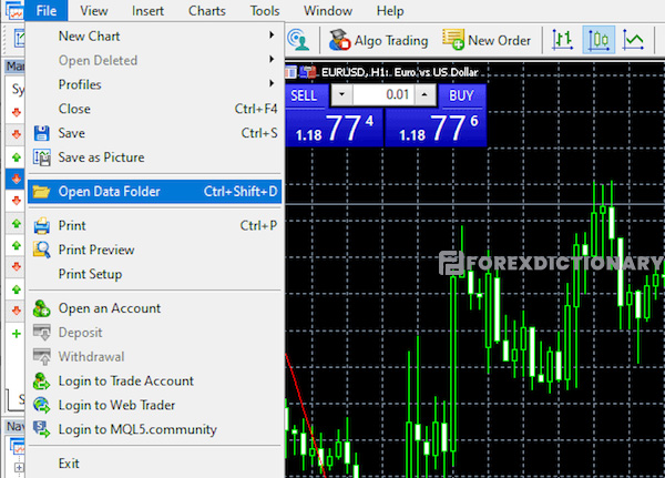 Trên thanh công cụ của nền tảng MT4, chọn File rồi chọn Open Data Folder