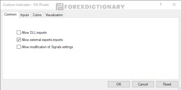 Chọn chỉ báo FXI Pivots và tích vào ô Allow external experts imports rồi nhấn OK