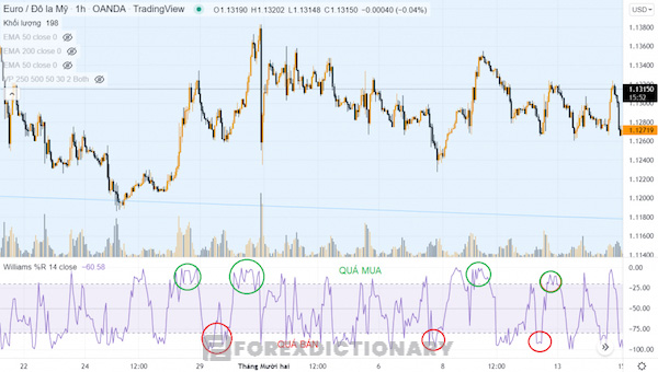 Xác định các vùng quá bán hoặc qua mua thông qua chỉ báo Williams %R