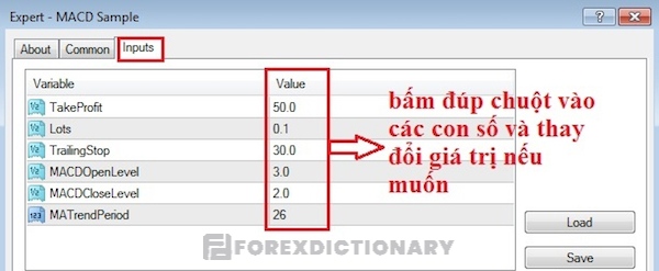 Điều chỉnh các tham số chiến lược tại tab Inputs