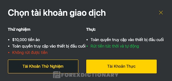 Lựa chọn tài khoản thử nghiệm