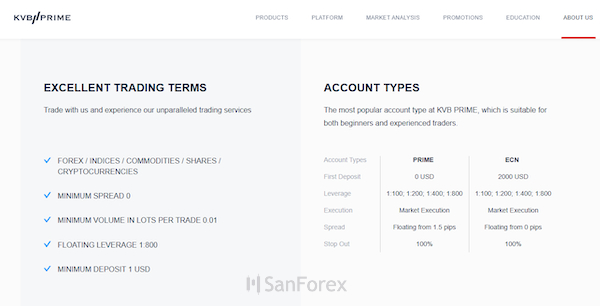 Hai loại tài khoản chính mà KVB Prime đang cung cấp