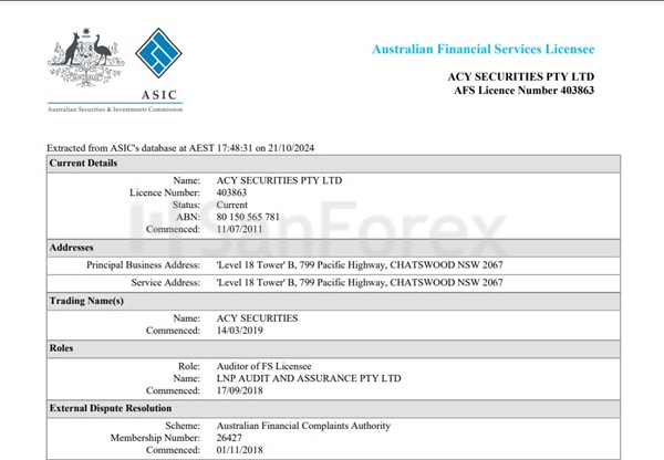 Hình ảnh về giấy phép hoạt động của sàn ACY được cấp bởi ASIC