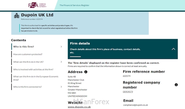 Ảnh giấy phép hoạt động của sàn Dupoin được cấp bởi FCA