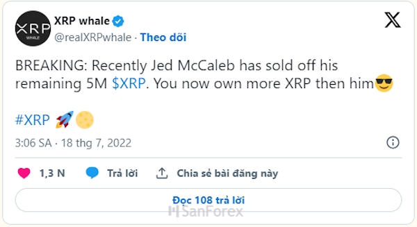 XRP whale cũng cập nhật về hoạt động bán đi XRP lần này của Jed