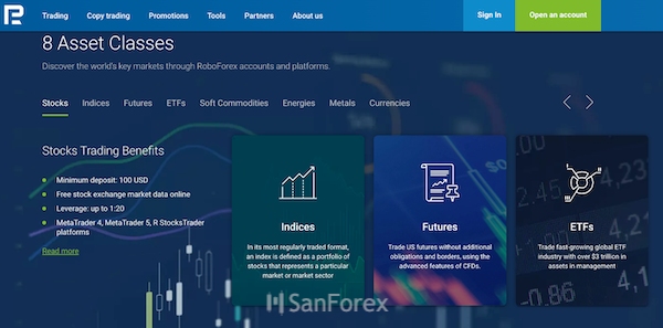 Sàn RoboForex cung cấp nhiều danh mục đầu tư khác nhau cho khách hàng