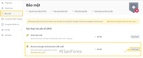 Kích hoạt bảo mật xác thực 2 yếu tố tại tài khoản Binance của bạn