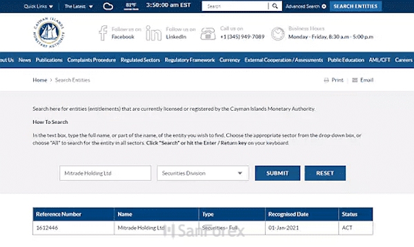 Mitrade Holding Ltd được cấp phép bởi CIMA với đòn bẩy ở mức 1:200